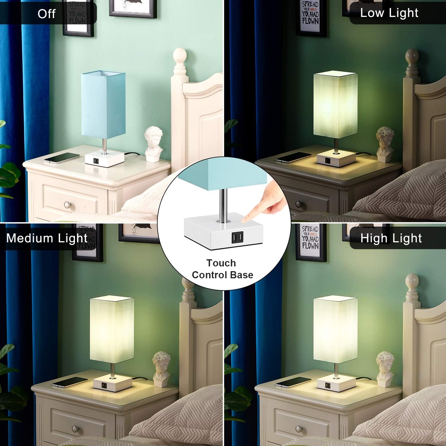 Touch besides Table Lamp with USB Ports - 3 Way Touch Lamps beside Desk, Nightstand Lamp for Bedrooms Living Room, Green Shade with White Base, LED Bulb Included(Green)