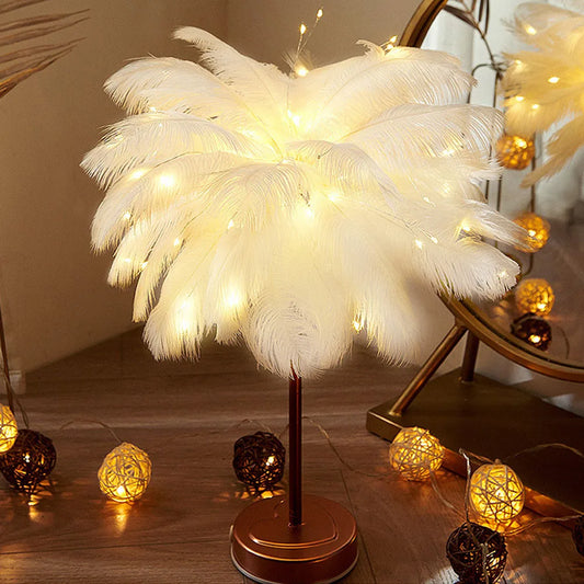 Remote Control Feater Table Lamp Romantic Feather Lamp Lampshade Usb/Battery Powered Fairy Desktop Lamp for Bedroom Living Room